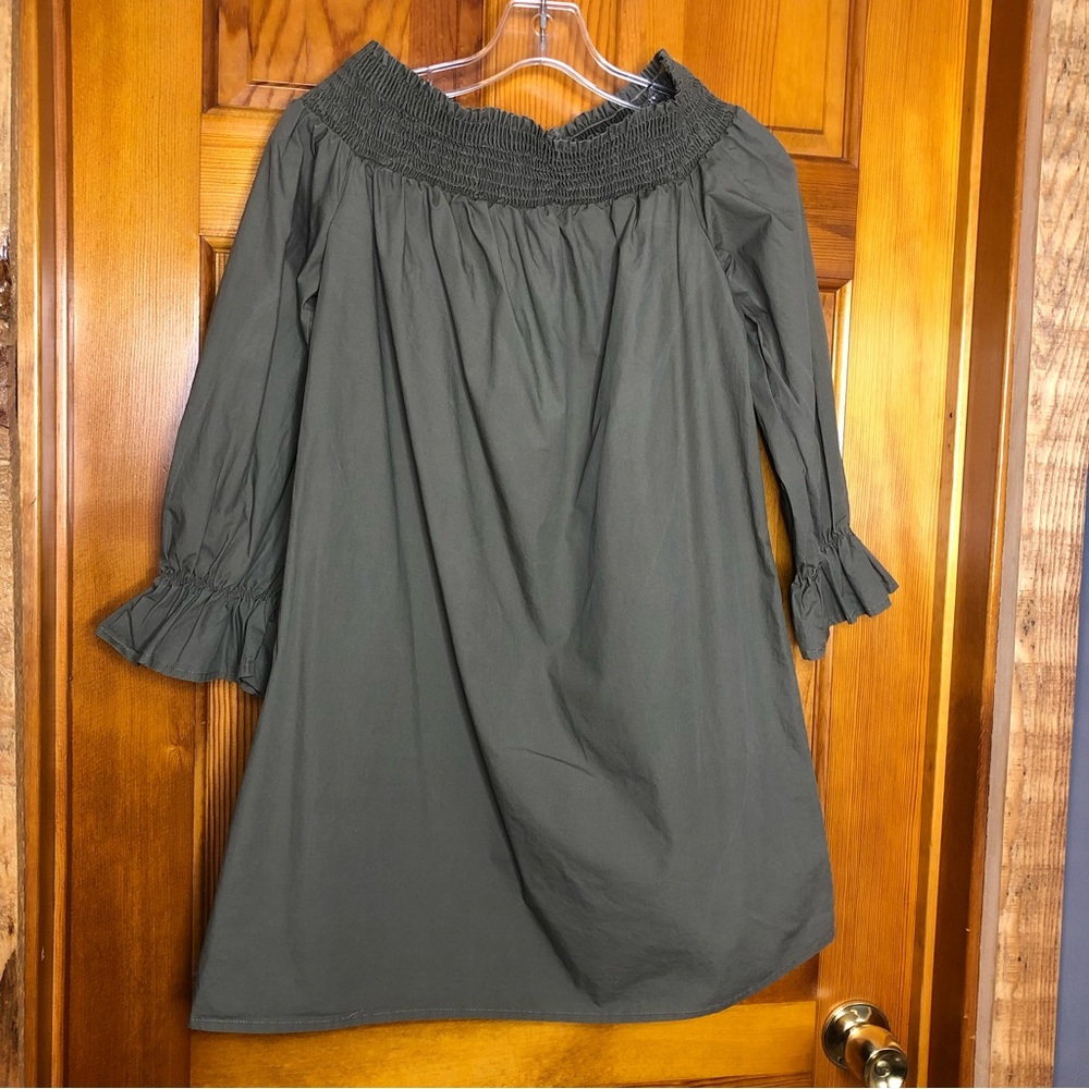 Green Soprano off shoulder smocked neckline and elastic wristband dress